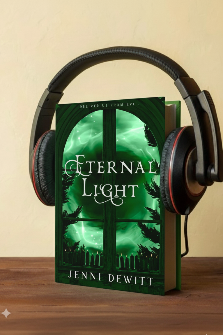"Eternal Light" audiobook by Jenni Dewitt with headphones on a wooden surface and beige background.