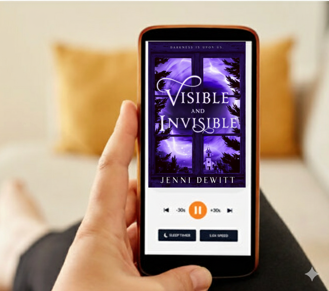 The audiobook "Visible and Invisible," book #1 in Jenni Dewitt's Faith and Shadows Christian supernatural suspense series, shown on a phone screen.