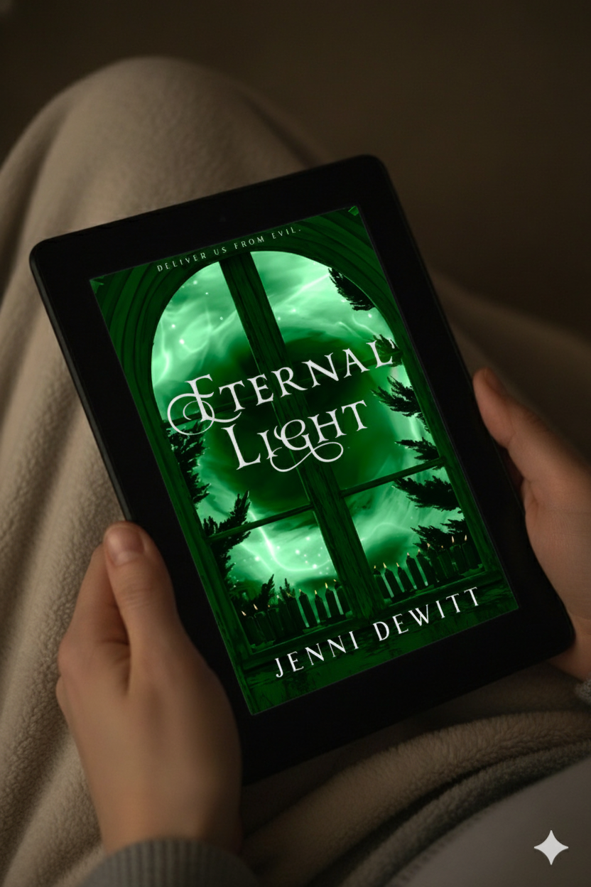 Person holding a tablet with the ebook "Eternal Light" by Jenni DeWitt displayed on the screen.