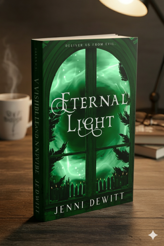 Paperback book "Eternal Light" by Jenni Dewitt on a wooden surface with a coffee cup and lamp in the background.