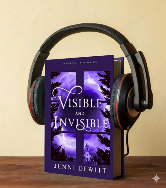 The audiobook "Visible and Invisible," book #1 in Jenni Dewitt's Faith and Shadows Christian supernatural suspense series, shown with headphones.