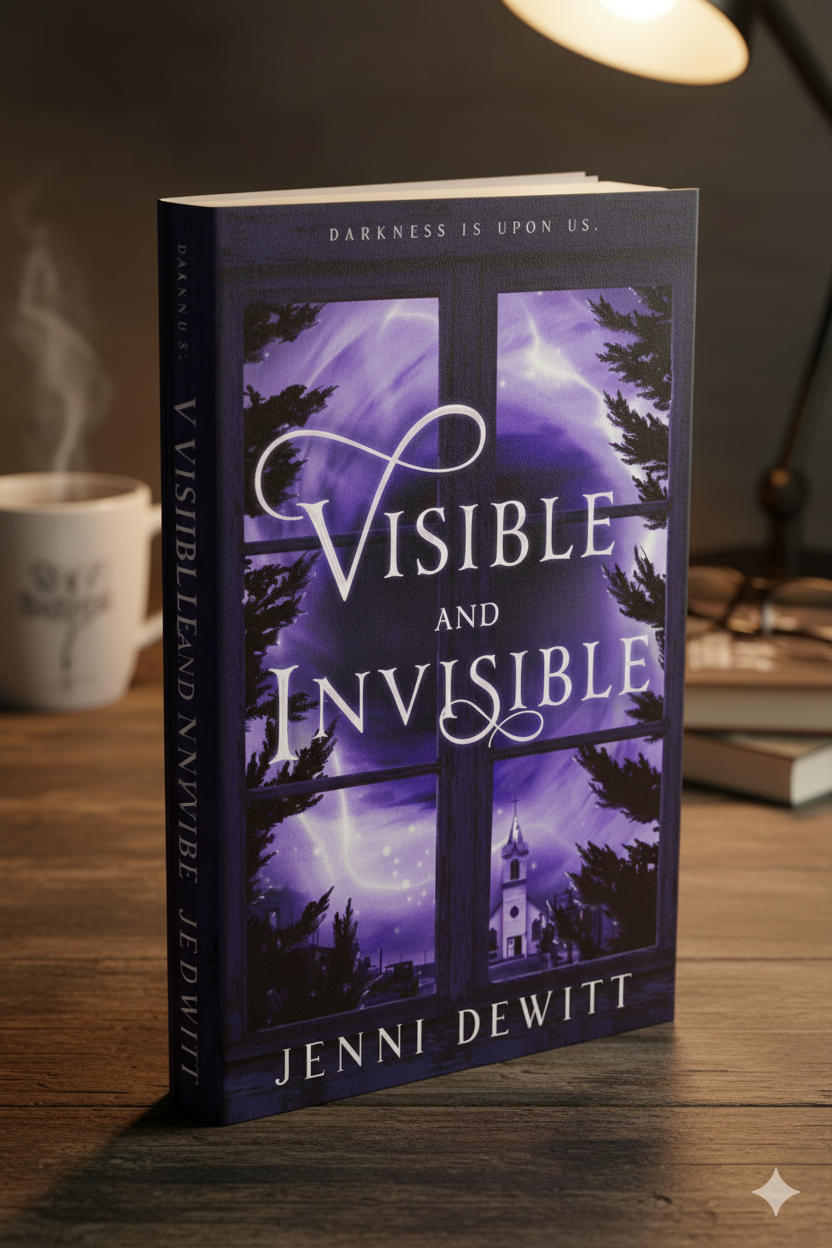 Paperback book "Visible and Invisible" which is book #1 in Jenni Dewitt's Faith and Shadows Christian supernatural suspense series.