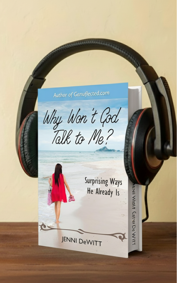 Audiobook titled "Why Won't God Talk to Me?" by Jenni DeWitt with headphones on a wooden surface.