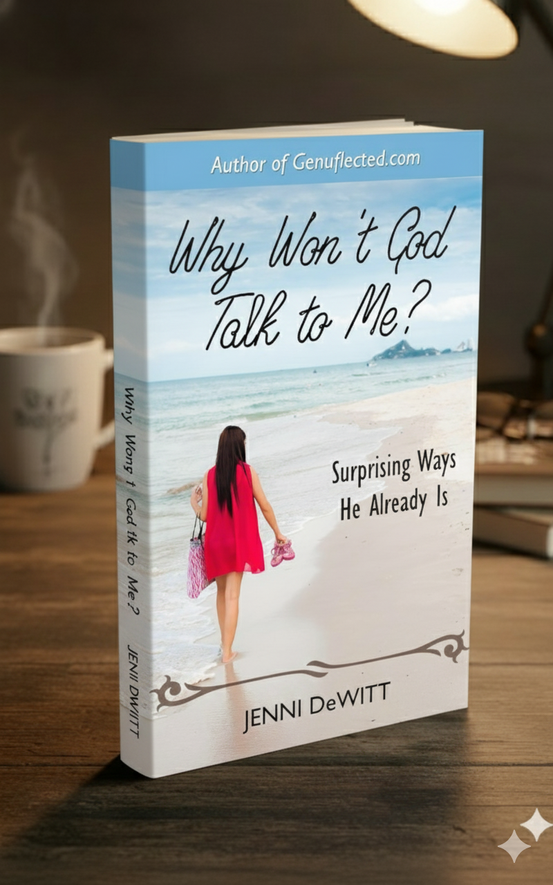 Book titled "Why Won't God Talk to Me?" by Jenni DeWitt on a wooden surface with a blurred background.